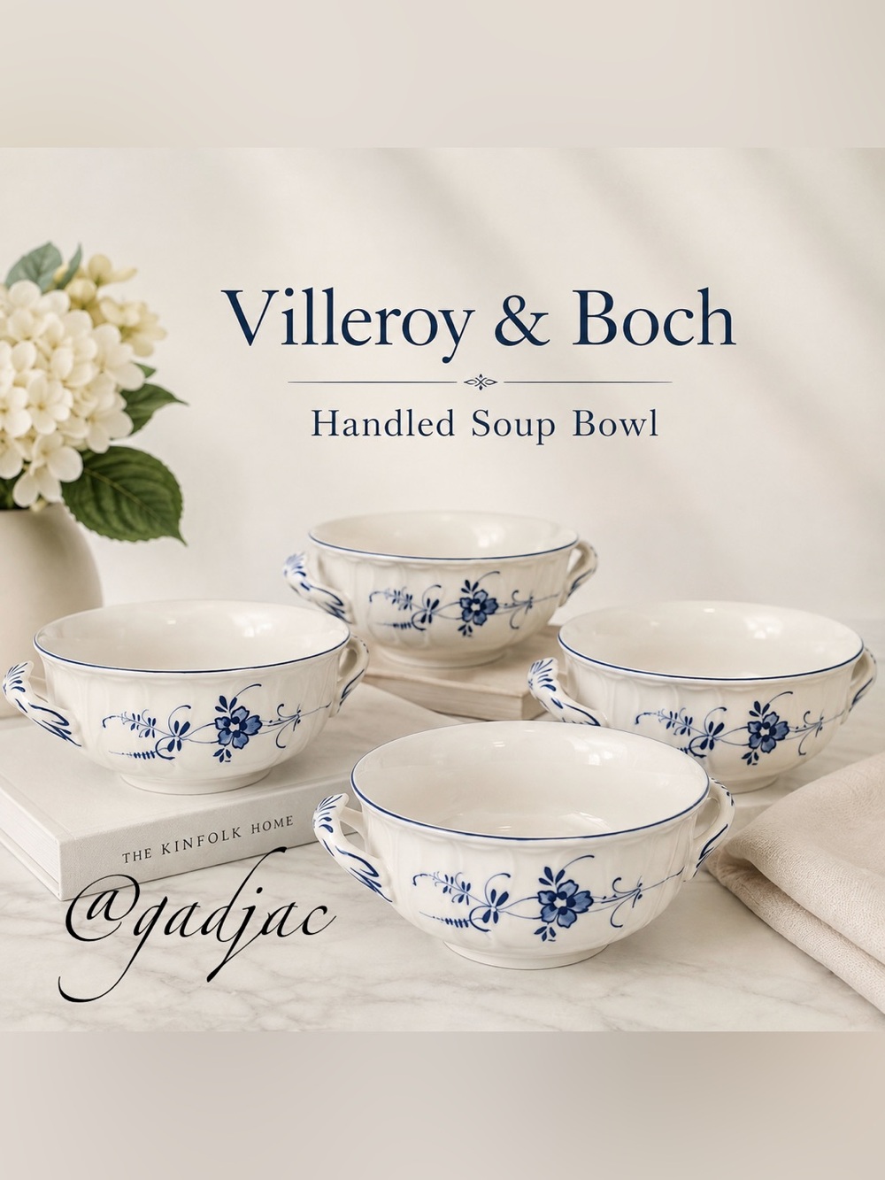 Set of 4 Villeroy & Boch Old Luxembourg Handled Cream Soup Cups - Like New!